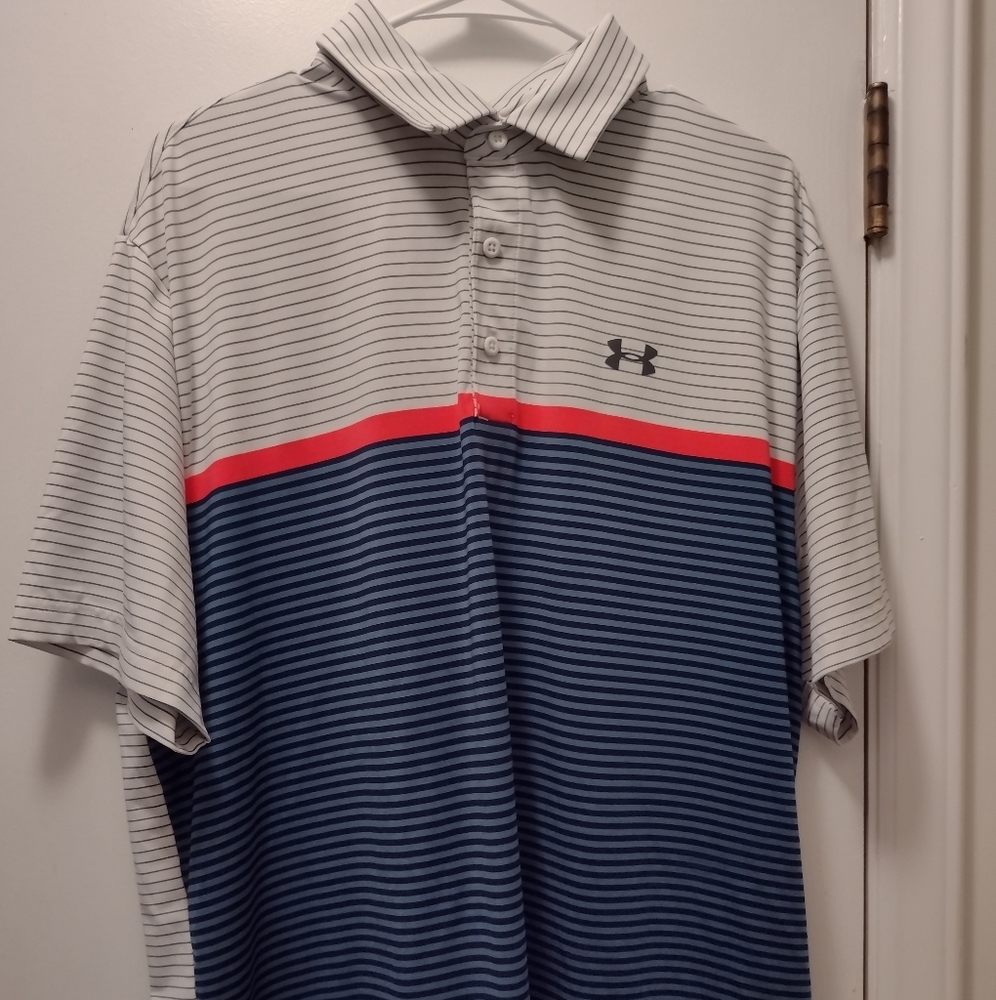 Mens Under Armour Heat Gear Loose Golf Polo White/Navy with Navy Stripes XXL